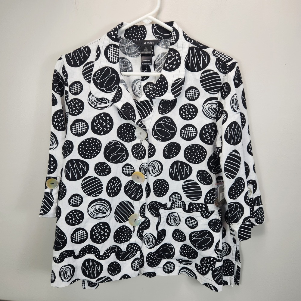 Ali Miles Womens PM Black White Abstract Dot 100% Linen Button Up Jacket Shirt